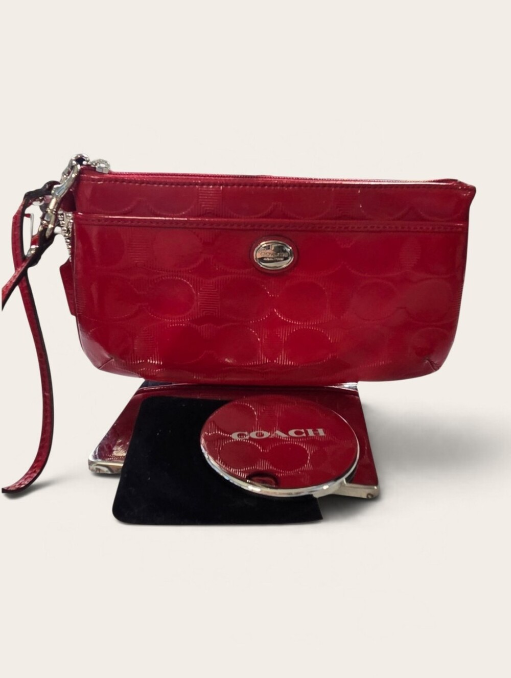 Coach Red Patent Leather Signature Embossed Wristlet Clutch with Mirror Bundle!
